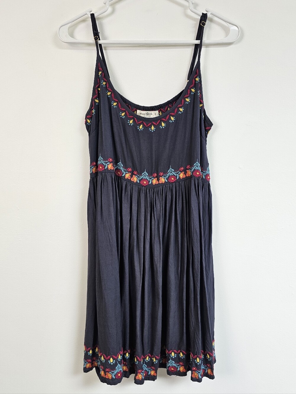 Natural Life Embroidered Mini Swing Dress Flowy Spaghetti Traps